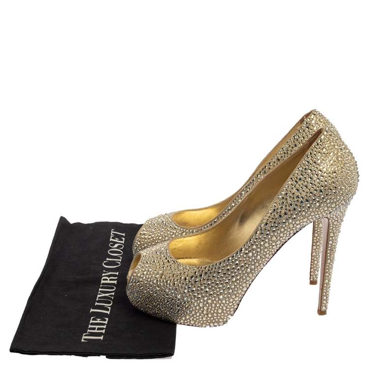 Pre Owned Le Silla Metallic Gold Leather Crystal Embellished  Peep Toe Platform Pumps Size 40