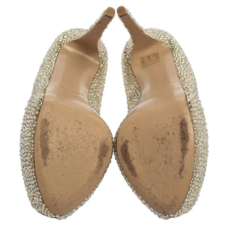 Pre Owned Le Silla Metallic Gold Leather Crystal Embellished  Peep Toe Platform Pumps Size 40
