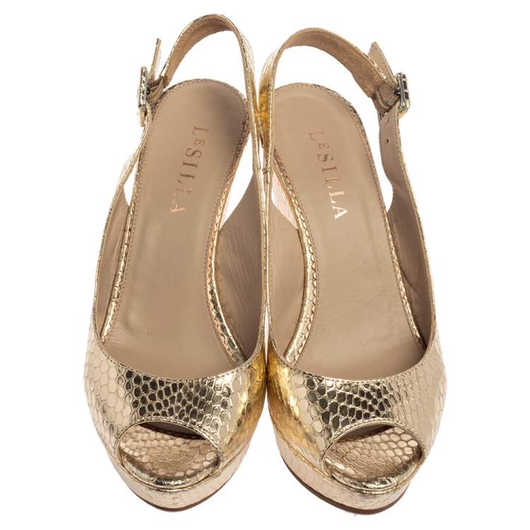 Pre Owned Le Silla Gold Python Embossed Leather Wedge Slingback Sandals Size 36
