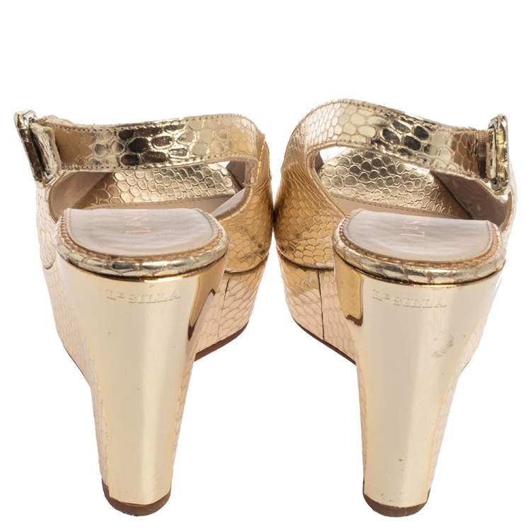 Pre Owned Le Silla Gold Python Embossed Leather Wedge Slingback Sandals Size 36