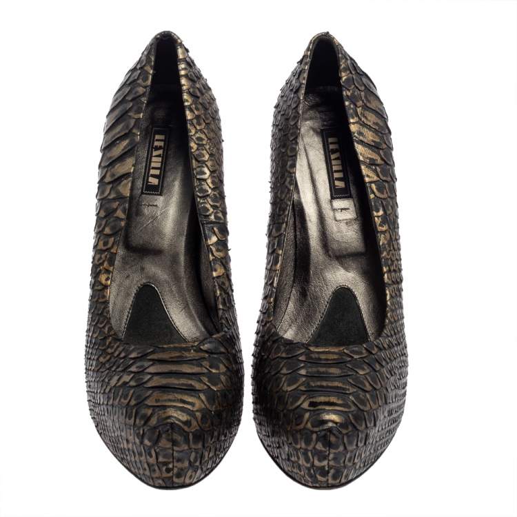 Pre Owned Le Silla Dark Green/Gold Python Leather Platform Pumps  Size 39
