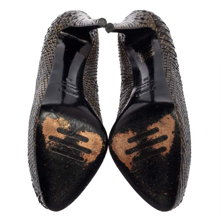Pre Owned Le Silla Dark Green/Gold Python Leather Platform Pumps  Size 39