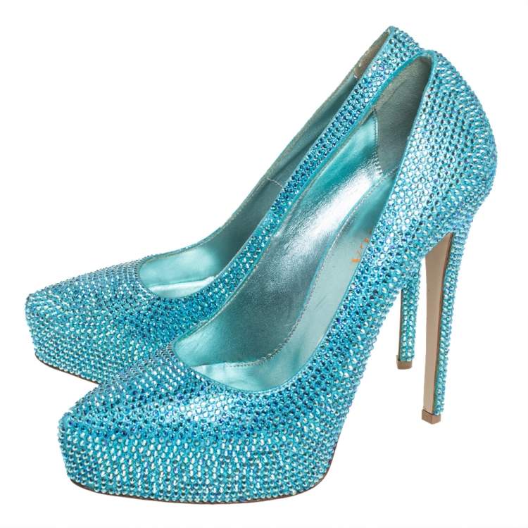 Pre Owned Le Silla Metallic Blue Crystal Embellished Leather Peep Toe Platform Pumps Size 37