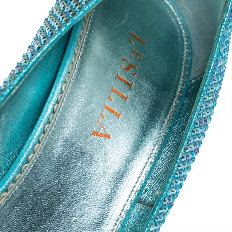 Pre Owned Le Silla Metallic Blue Crystal Embellished Leather Peep Toe Platform Pumps Size 37