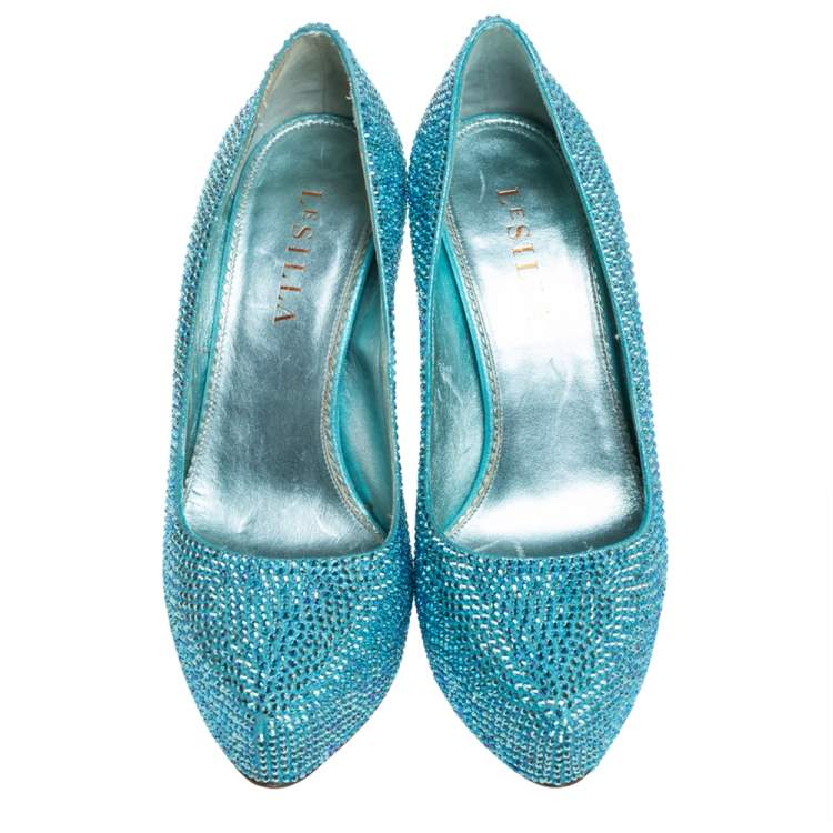 Pre Owned Le Silla Metallic Blue Crystal Embellished Leather Peep Toe Platform Pumps Size 37