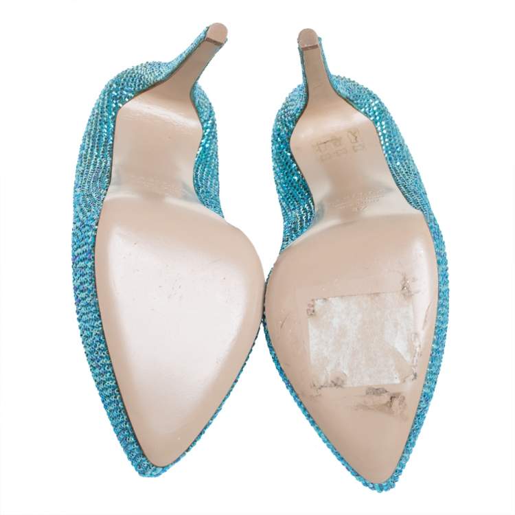 Pre Owned Le Silla Metallic Blue Crystal Embellished Leather Peep Toe Platform Pumps Size 37