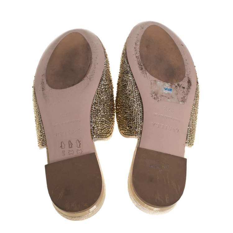 Pre Owned Le Silla Metallic Leather Crystal Embellished Flat Mules Size 37.5