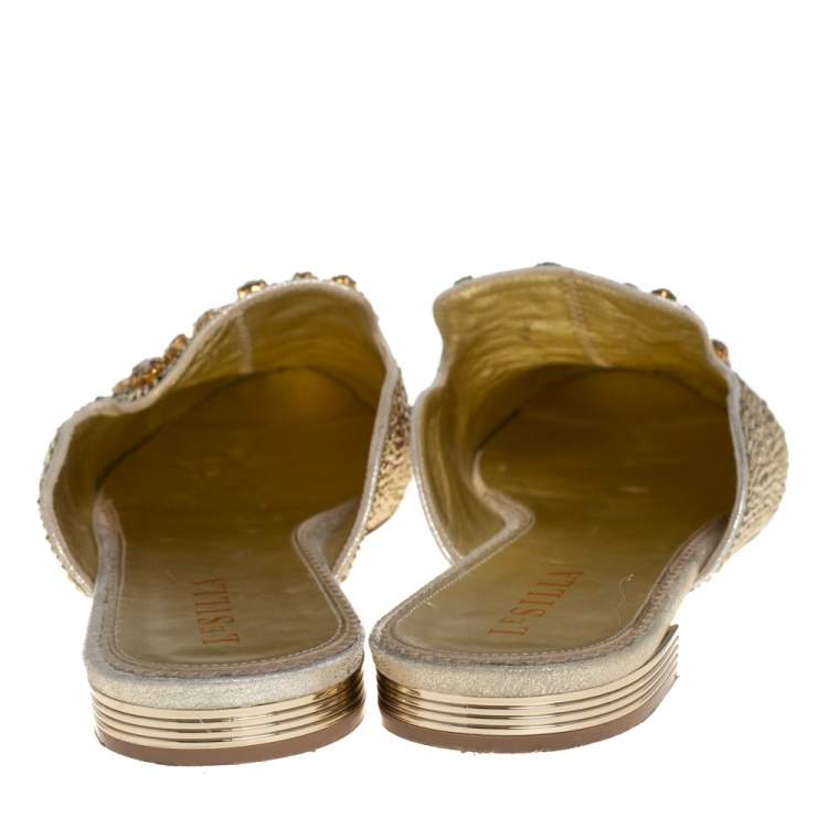 Pre Owned Le Silla Metallic Leather Crystal Embellished Flat Mules Size 37.5