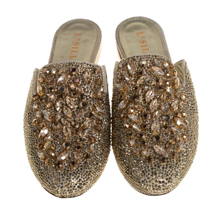 Pre Owned Le Silla Metallic Leather Crystal Embellished Flat Mules Size 37.5