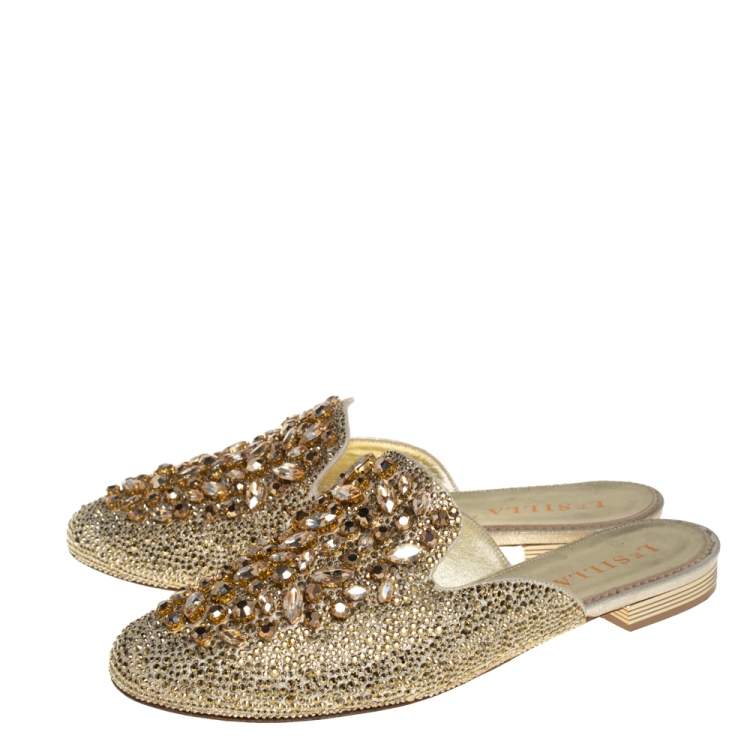 Pre Owned Le Silla Metallic Leather Crystal Embellished Flat Mules Size 37.5