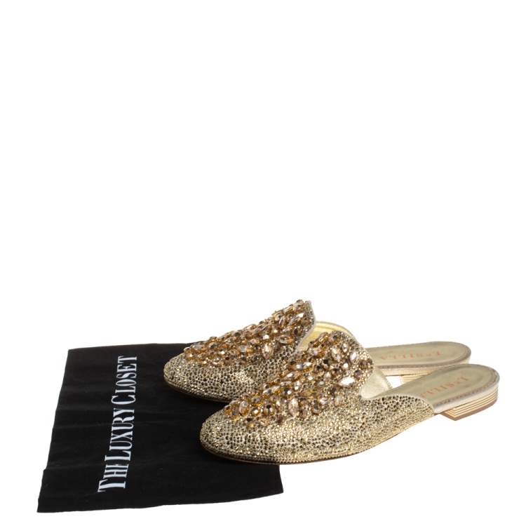 Pre Owned Le Silla Metallic Leather Crystal Embellished Flat Mules Size 37.5