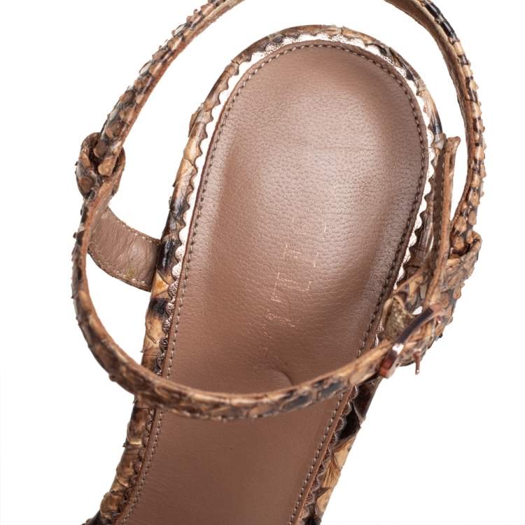 Pre Owned Le Silla Brown/Beige Python Ankle Strap Platform Sandals Size 40.5