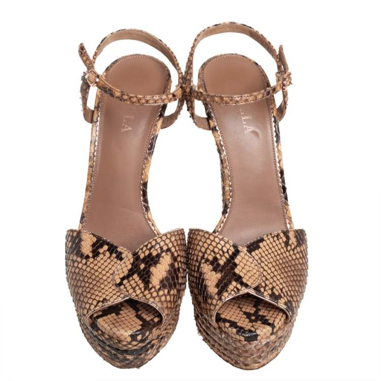 Pre Owned Le Silla Brown/Beige Python Ankle Strap Platform Sandals Size 40.5