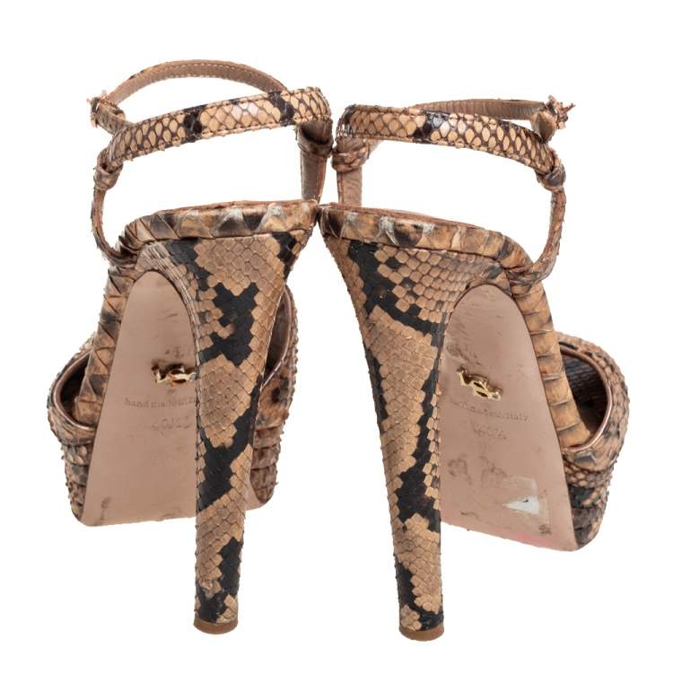 Pre Owned Le Silla Brown/Beige Python Ankle Strap Platform Sandals Size 40.5