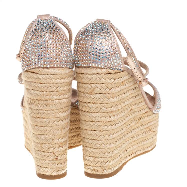 Pre Owned Le Silla Pink Crystal Embellished Suede Espadrille Wedge Platform Ankle Strap Sandals Size 35.5