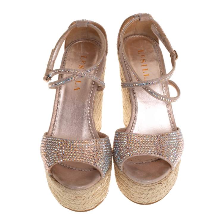 Pre Owned Le Silla Pink Crystal Embellished Suede Espadrille Wedge Platform Ankle Strap Sandals Size 35.5