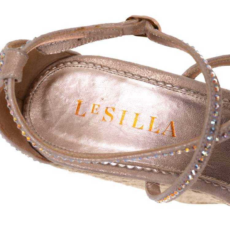 Pre Owned Le Silla Pink Crystal Embellished Suede Espadrille Wedge Platform Ankle Strap Sandals Size 35.5