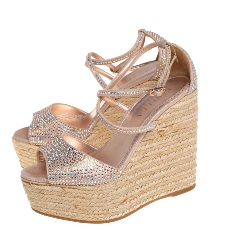 Pre Owned Le Silla Pink Crystal Embellished Suede Espadrille Wedge Platform Ankle Strap Sandals Size 35.5