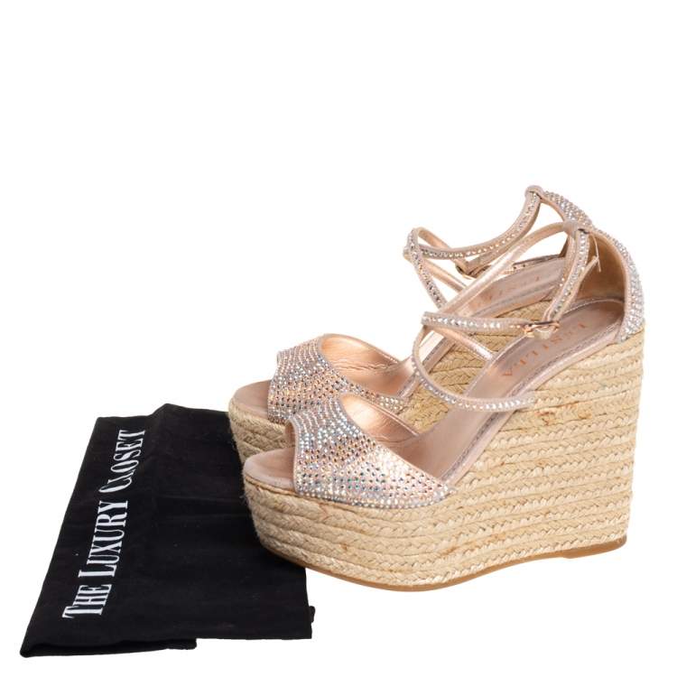 Pre Owned Le Silla Pink Crystal Embellished Suede Espadrille Wedge Platform Ankle Strap Sandals Size 35.5
