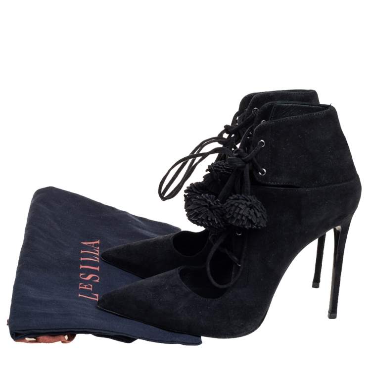 Pre Owned Le Silla Black Suede Lace Up Pointed Toe Ankle Booties Size 36.5