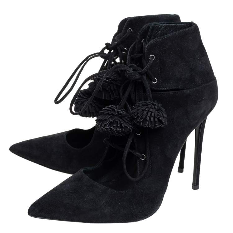 Pre Owned Le Silla Black Suede Lace Up Pointed Toe Ankle Booties Size 36.5