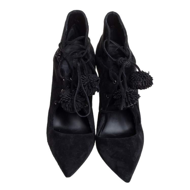 Pre Owned Le Silla Black Suede Lace Up Pointed Toe Ankle Booties Size 36.5