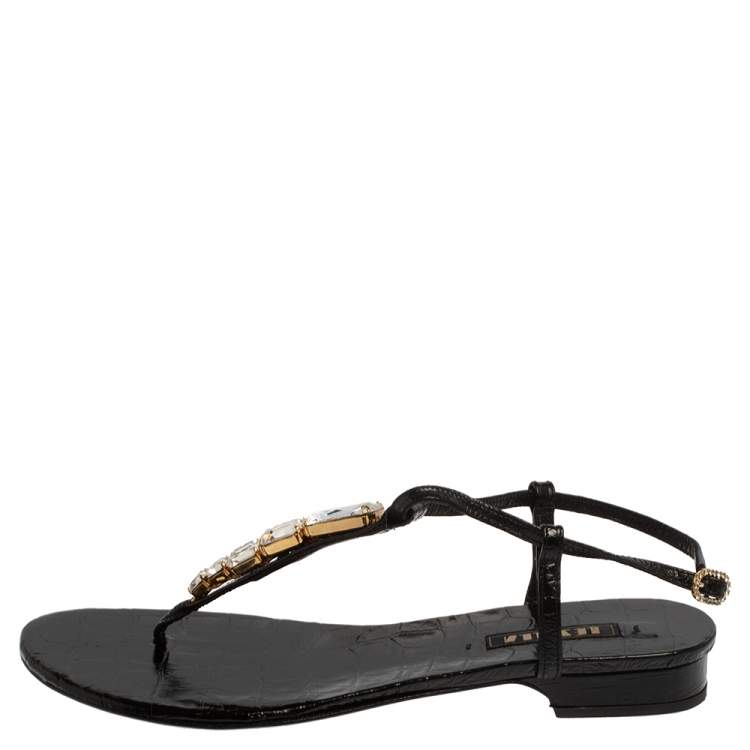 Pre Owned Le Silla Black Patent Leather Crystal Embellished Thong Sandals Size 37.5