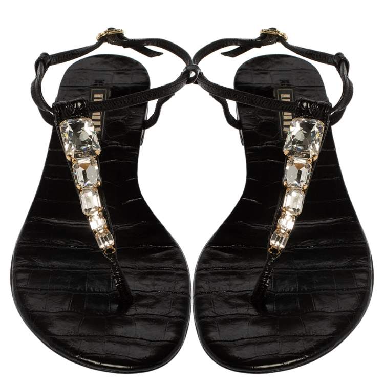 Pre Owned Le Silla Black Patent Leather Crystal Embellished Thong Sandals Size 37.5