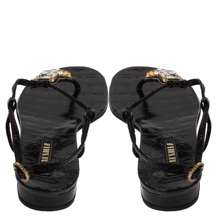 Pre Owned Le Silla Black Patent Leather Crystal Embellished Thong Sandals Size 37.5