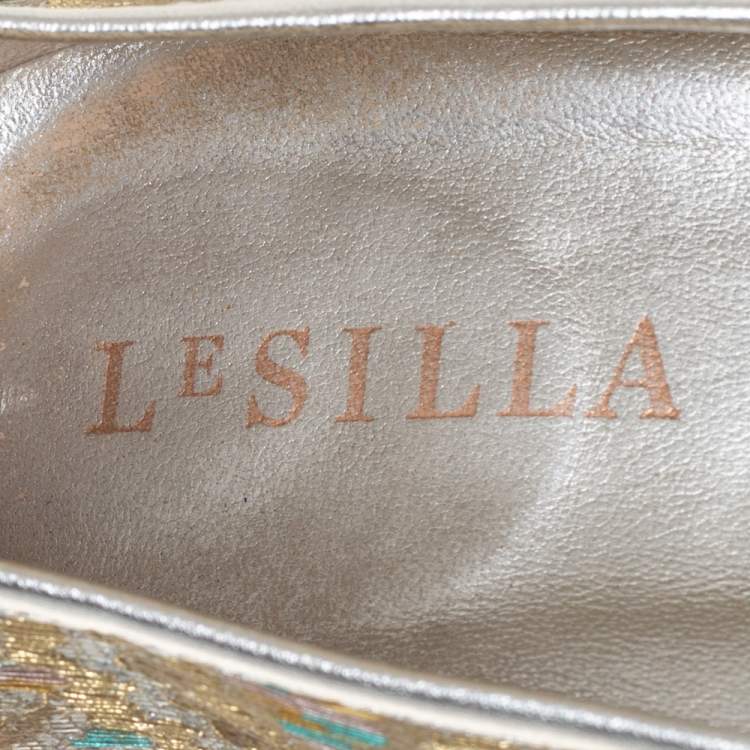 Pre Owned Le Silla Metallic Silver/Gold Lace Espadrille Wedge Pumps Size 37