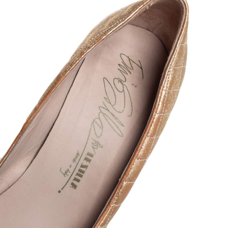 Pre Owned Le Silla Gold Quilted Leather Metal Cap Toe Platform Pumps Size 40