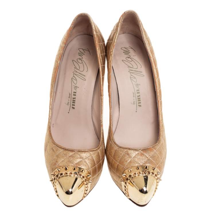 Pre Owned Le Silla Gold Quilted Leather Metal Cap Toe Platform Pumps Size 40