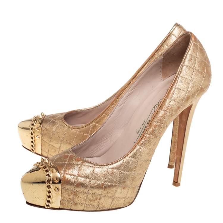 Pre Owned Le Silla Gold Quilted Leather Metal Cap Toe Platform Pumps Size 40