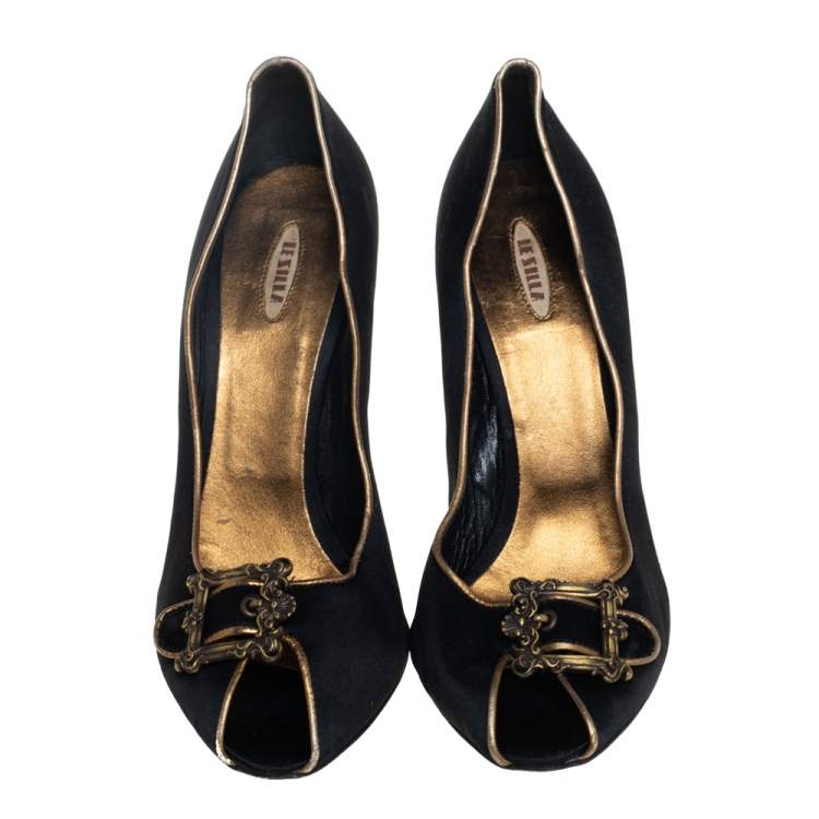 Pre Owned Le Silla Black Satin Buckle Peep-Toe Pumps Size 39