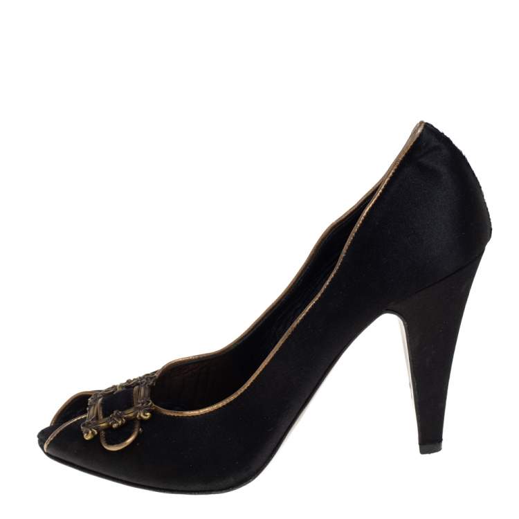 Pre Owned Le Silla Black Satin Buckle Peep-Toe Pumps Size 39
