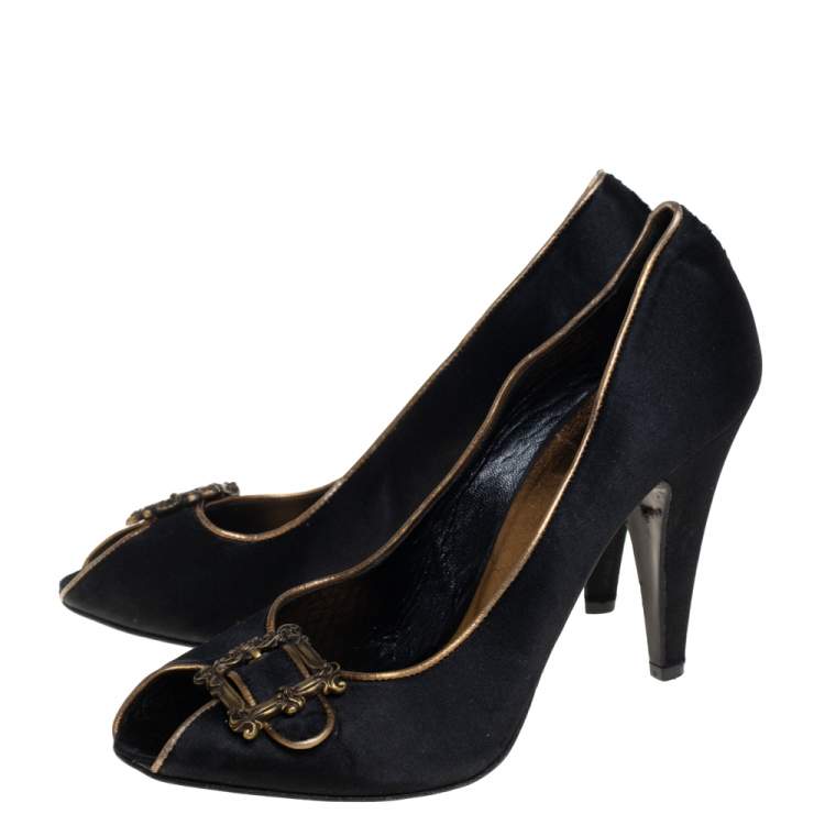Pre Owned Le Silla Black Satin Buckle Peep-Toe Pumps Size 39