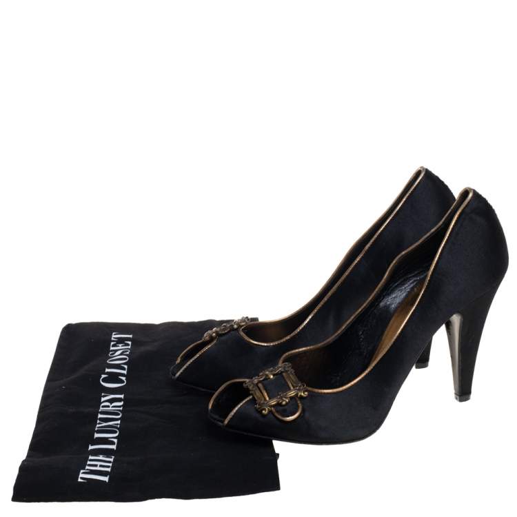 Pre Owned Le Silla Black Satin Buckle Peep-Toe Pumps Size 39