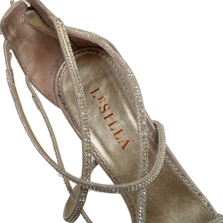 Pre Owned Le Silla Metallic Gold Crystal Embellished Suede Open Toe Strappy Sandals Size 38