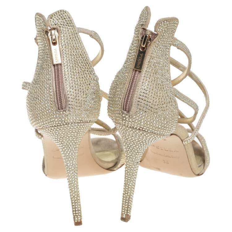 Pre Owned Le Silla Metallic Gold Crystal Embellished Suede Open Toe Strappy Sandals Size 38