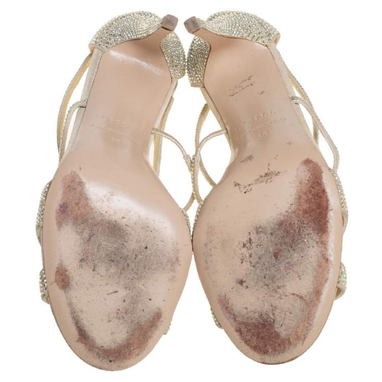 Pre Owned Le Silla Metallic Gold Crystal Embellished Suede Open Toe Strappy Sandals Size 38