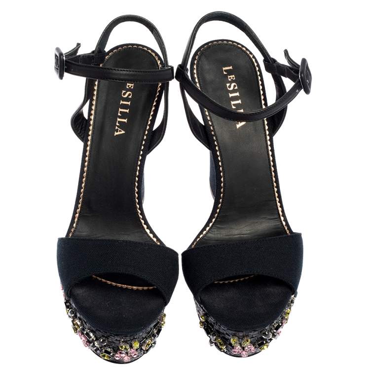 Pre Owned Le Silla Black Canvas Embellished Ankle Strap  Sandals Size 38.5