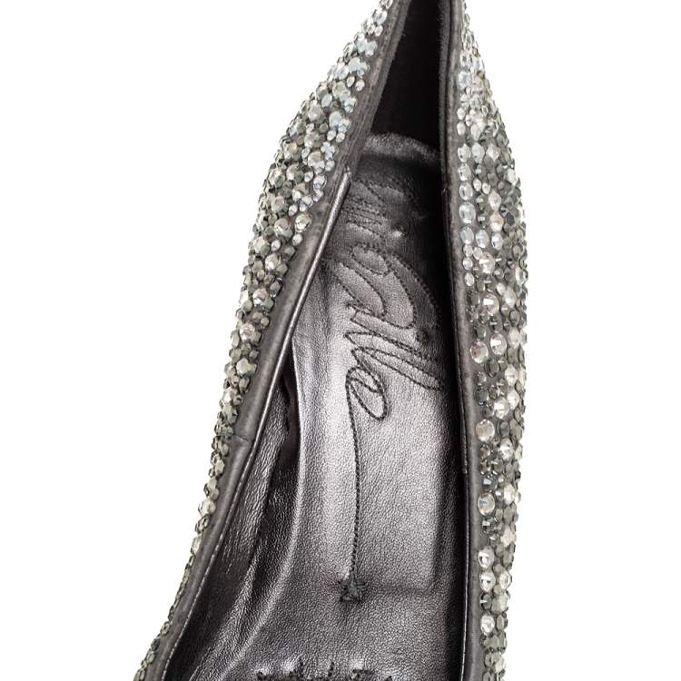 Pre Owned Le Silla Grey Satin Crystal Embellished Peep Toe Platform Pumps Size 37