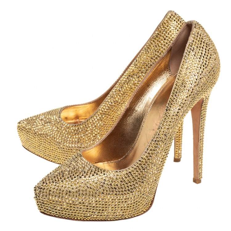 Pre Owned Le Silla Gold Suede Crystal Embellished Platform Pumps Size 38