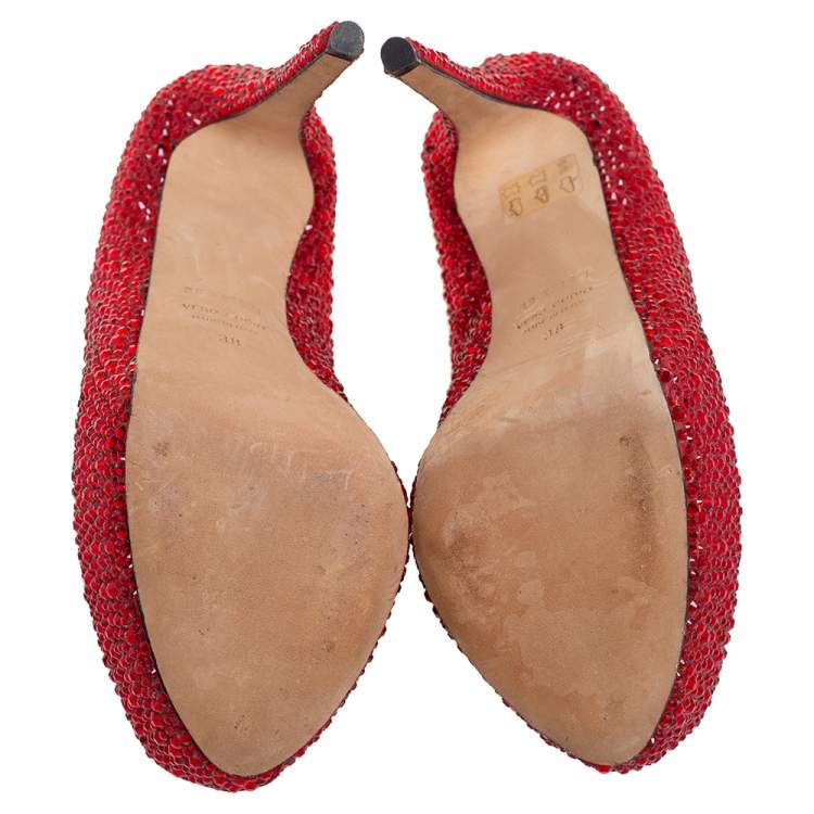 Pre Owned Le Silla Metallic Red Suede Crystal Embellished  Peep Toe Platform Pumps Size 38