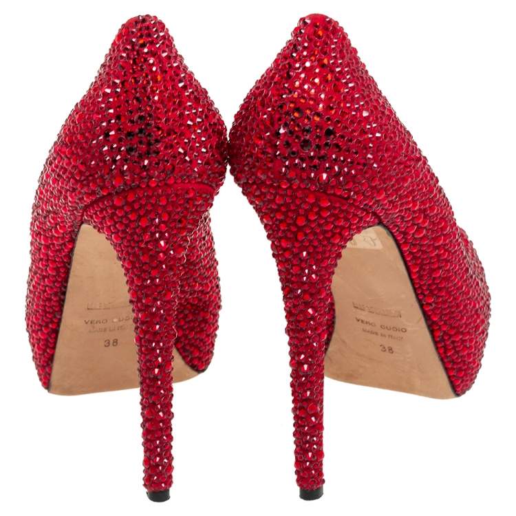 Pre Owned Le Silla Metallic Red Suede Crystal Embellished  Peep Toe Platform Pumps Size 38