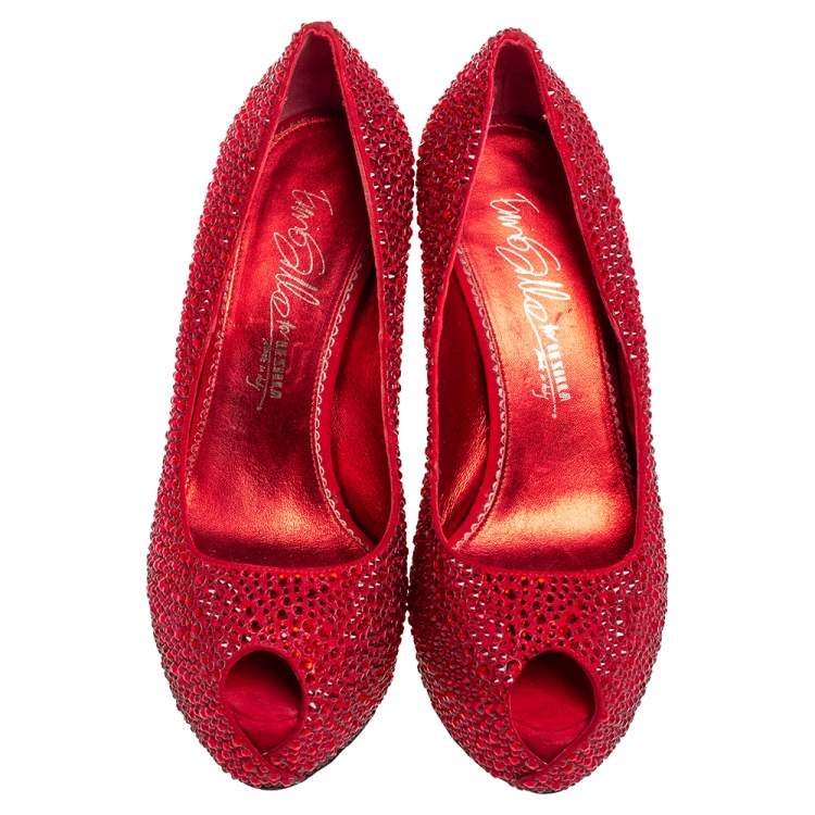 Pre Owned Le Silla Metallic Red Suede Crystal Embellished  Peep Toe Platform Pumps Size 38
