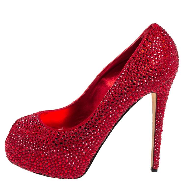 Pre Owned Le Silla Metallic Red Suede Crystal Embellished  Peep Toe Platform Pumps Size 38