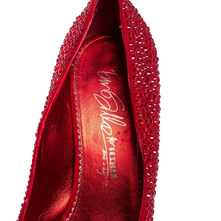 Pre Owned Le Silla Metallic Red Suede Crystal Embellished  Peep Toe Platform Pumps Size 38