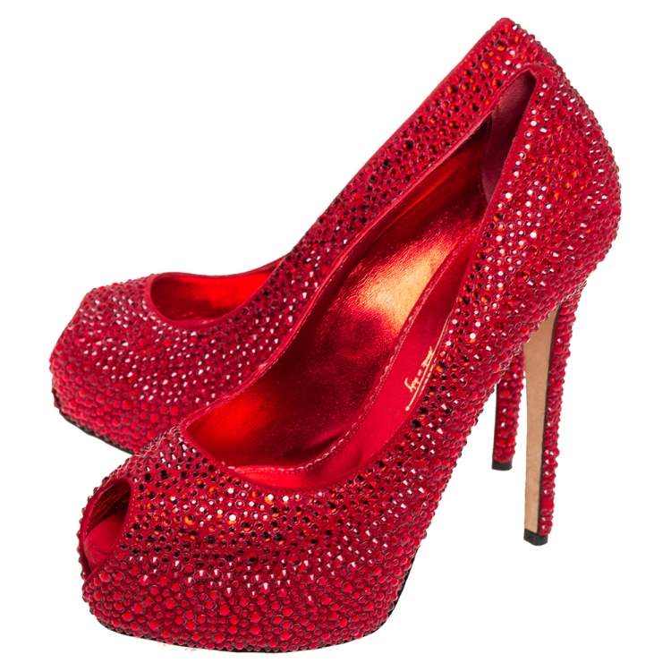 Pre Owned Le Silla Metallic Red Suede Crystal Embellished  Peep Toe Platform Pumps Size 38