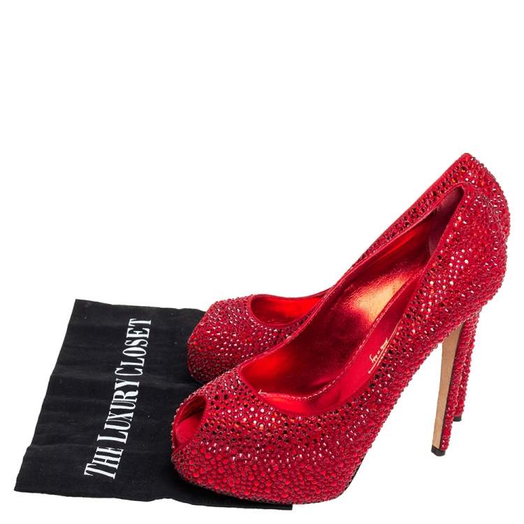 Pre Owned Le Silla Metallic Red Suede Crystal Embellished  Peep Toe Platform Pumps Size 38